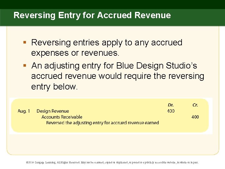 Reversing Entry for Accrued Revenue § Reversing entries apply to any accrued expenses or