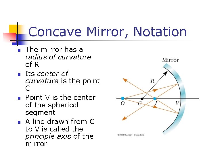 Concave Mirror, Notation n n The mirror has a radius of curvature of R