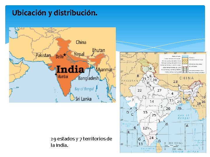 Ubicación y distribución. 29 estados y 7 territorios de la India. 