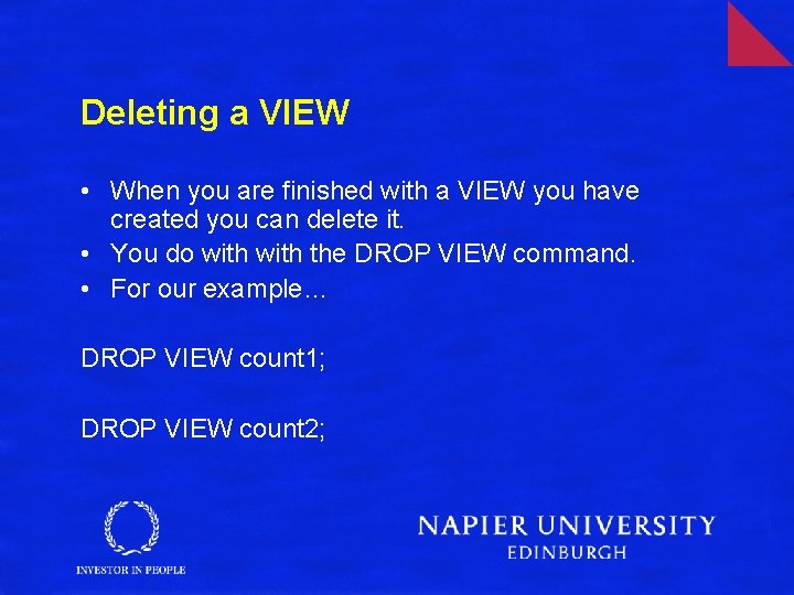 Deleting a VIEW • When you are finished with a VIEW you have created