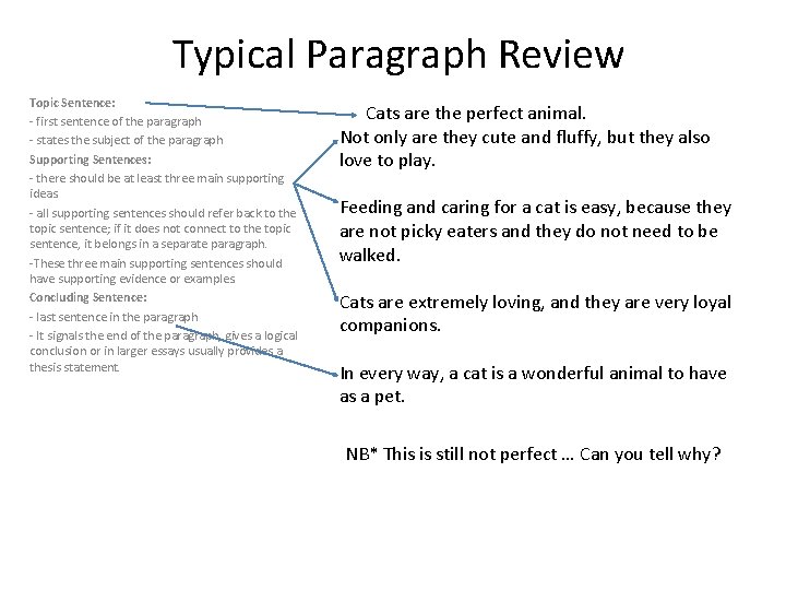 Typical Paragraph Review Topic Sentence: - first sentence of the paragraph - states the