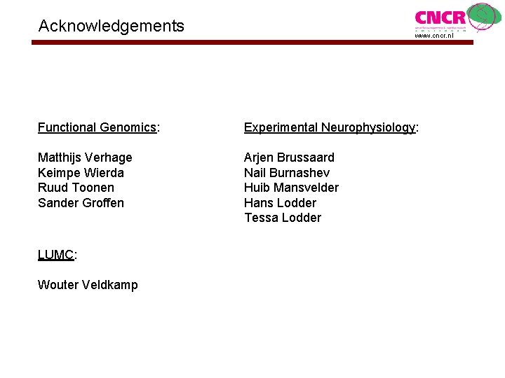 Acknowledgements www. cncr. nl Functional Genomics: Experimental Neurophysiology: Matthijs Verhage Keimpe Wierda Ruud Toonen