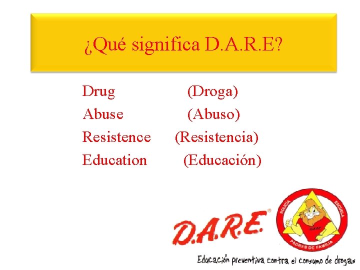 ¿Qué significa D. A. R. E? Drug Abuse Resistence Education (Droga) (Abuso) (Resistencia) (Educación)