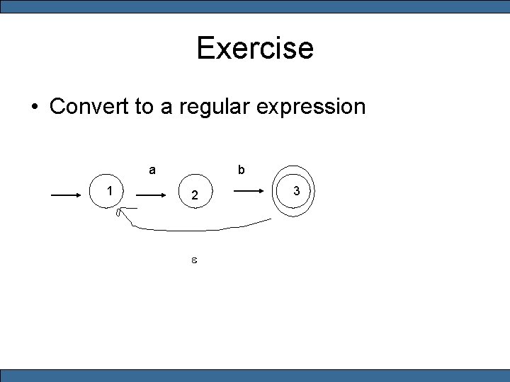 Exercise • Convert to a regular expression a 1 b 2 e 3 