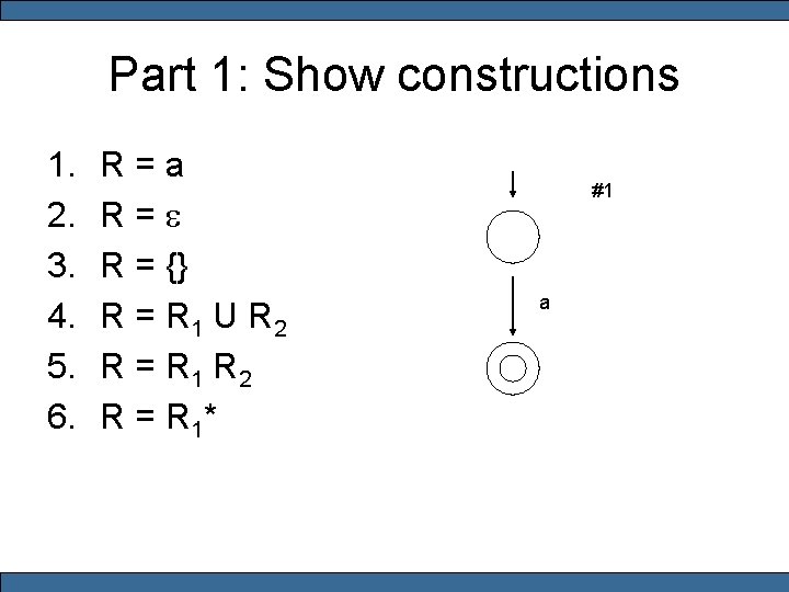 Part 1: Show constructions 1. 2. 3. 4. 5. 6. R = a R