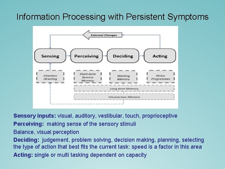 Information Processing with Persistent Symptoms Sensory inputs: visual, auditory, vestibular, touch, proprioceptive Perceiving: making Information Processing with Persistent Symptoms Sensory inputs: visual, auditory, vestibular, touch, proprioceptive Perceiving: making