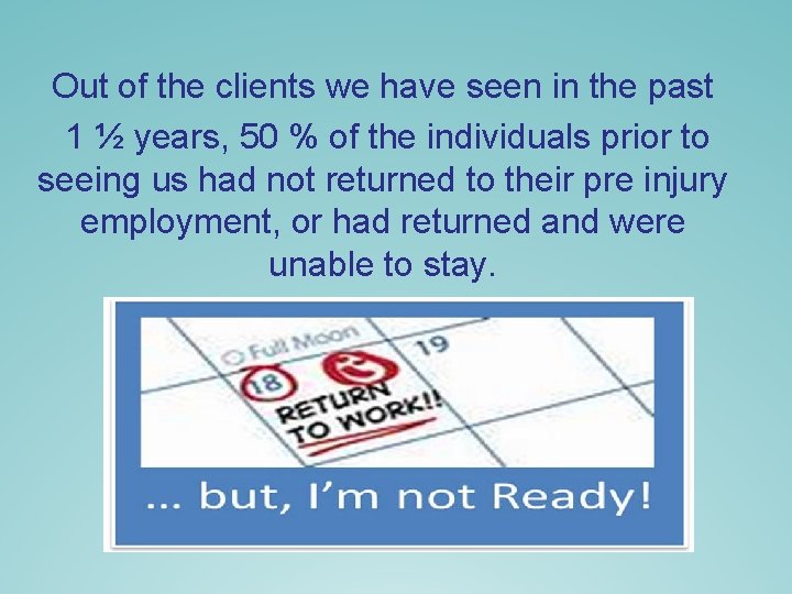 Out of the clients we have seen in the past 1 ½ years, 50 Out of the clients we have seen in the past 1 ½ years, 50