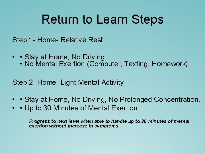 Return to Learn Steps Step 1 - Home- Relative Rest • • Stay at Return to Learn Steps Step 1 - Home- Relative Rest • • Stay at