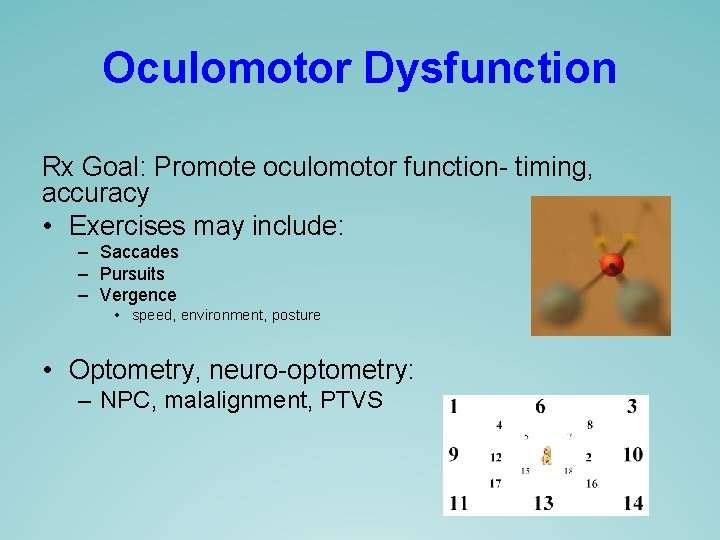 Oculomotor Dysfunction Rx Goal: Promote oculomotor function- timing, accuracy • Exercises may include: – Oculomotor Dysfunction Rx Goal: Promote oculomotor function- timing, accuracy • Exercises may include: –
