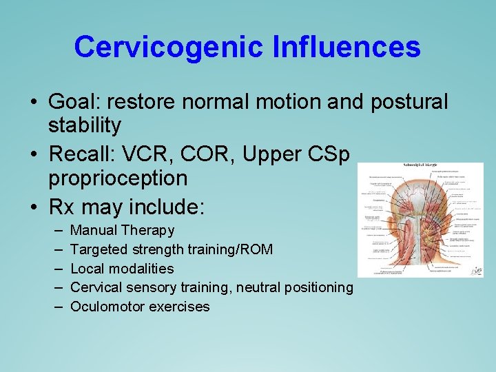 Cervicogenic Influences • Goal: restore normal motion and postural stability • Recall: VCR, COR, Cervicogenic Influences • Goal: restore normal motion and postural stability • Recall: VCR, COR,
