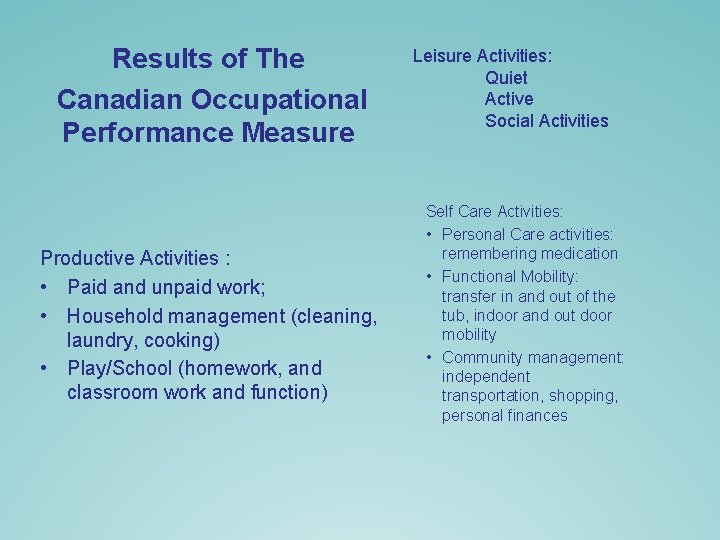 Results of The Canadian Occupational Performance Measure Productive Activities : • Paid and unpaid Results of The Canadian Occupational Performance Measure Productive Activities : • Paid and unpaid