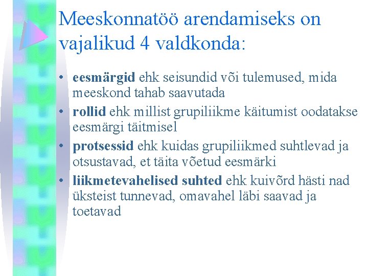 Meeskonnatöö arendamiseks on vajalikud 4 valdkonda: • eesmärgid ehk seisundid või tulemused, mida meeskond