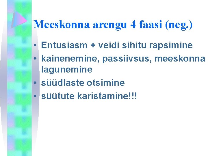 Meeskonna arengu 4 faasi (neg. ) • Entusiasm + veidi sihitu rapsimine • kainenemine,