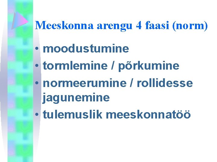 Meeskonna arengu 4 faasi (norm) • moodustumine • tormlemine / põrkumine • normeerumine /