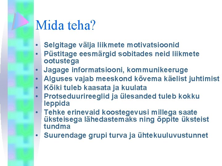 Mida teha? • Selgitage välja liikmete motivatsioonid • Püstitage eesmärgid sobitades neid liikmete ootustega