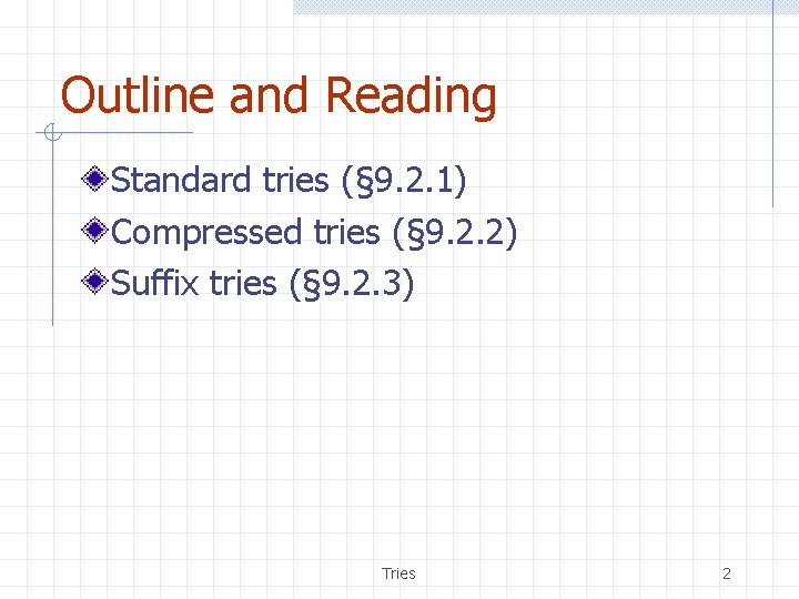 Outline and Reading Standard tries (§ 9. 2. 1) Compressed tries (§ 9. 2.