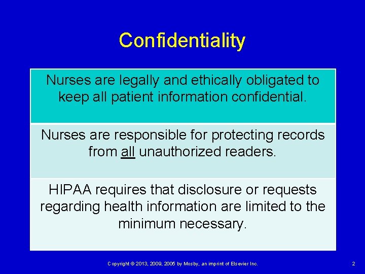 Confidentiality Nurses are legally and ethically obligated to keep all patient information confidential. Nurses