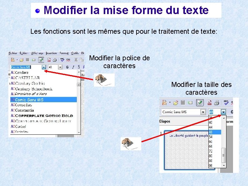 Modifier la mise forme du texte Les fonctions sont les mêmes que pour le