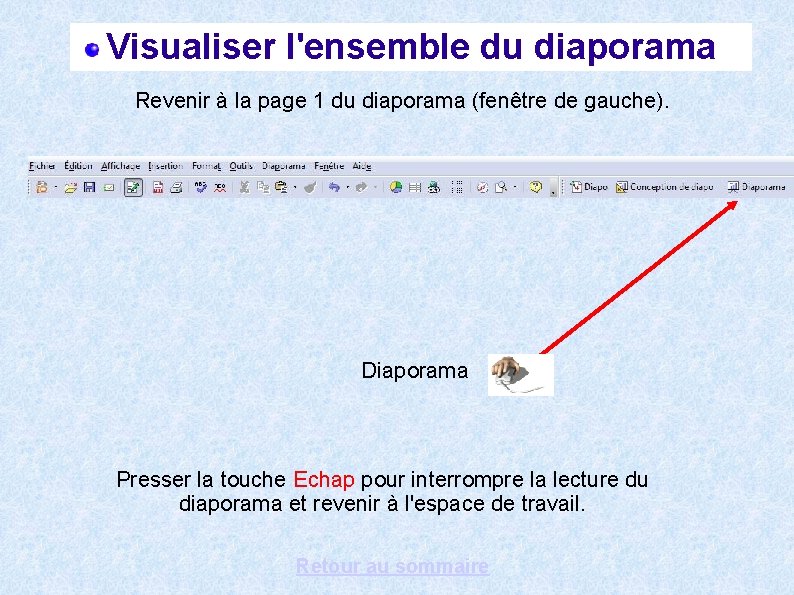 Visualiser l'ensemble du diaporama Revenir à la page 1 du diaporama (fenêtre de gauche).