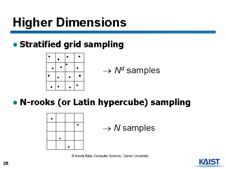 Higher Dimensions ● Stratified grid sampling ● N-rooks (or Latin hypercube) sampling 25 