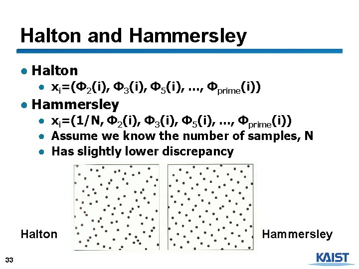 Halton and Hammersley ● Halton ● xi=(Φ 2(i), Φ 3(i), Φ 5(i), …, Φprime(i))