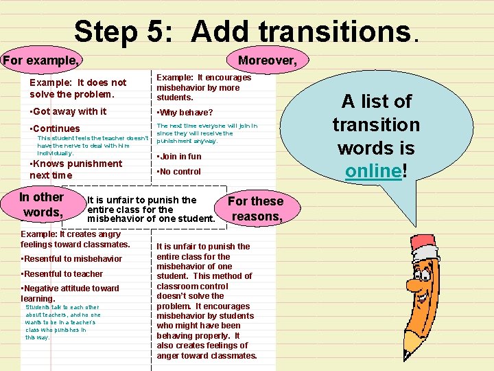 Step 5: Add transitions. For example, Moreover, Example: It does not solve the problem.