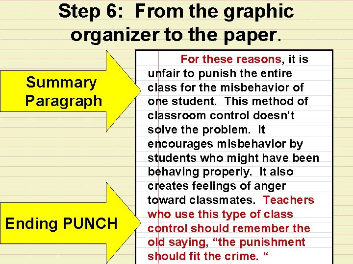Step 6: From the graphic organizer to the paper. Summary Paragraph Ending PUNCH For