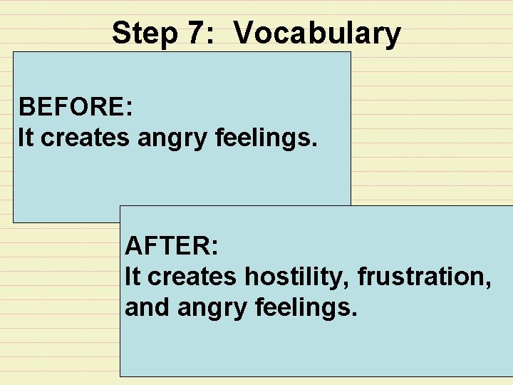 Step 7: Vocabulary BEFORE: It creates angry feelings. AFTER: It creates hostility, frustration, and