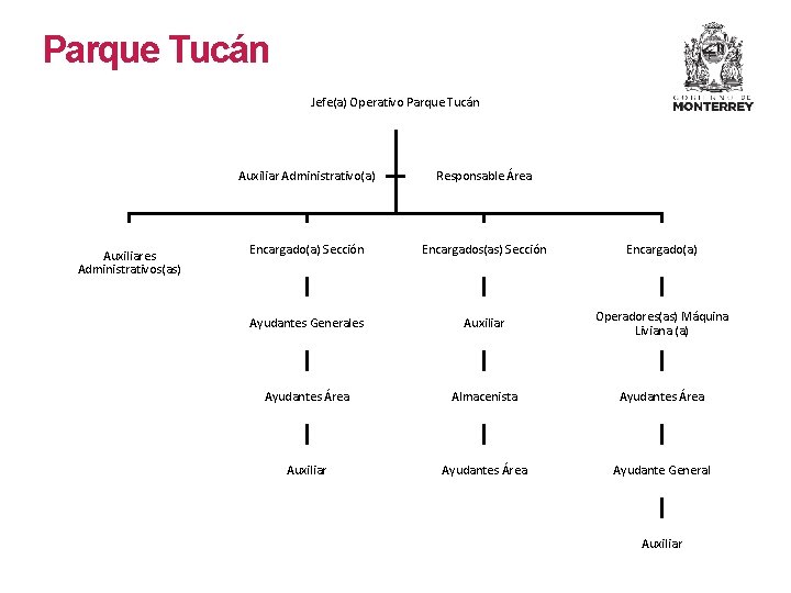 Parque Tucán Jefe(a) Operativo Parque Tucán Auxiliares Administrativos(as) Auxiliar Administrativo(a) Responsable Área Encargado(a) Sección