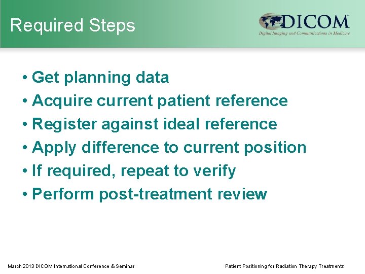 Required Steps • Get planning data • Acquire current patient reference • Register against