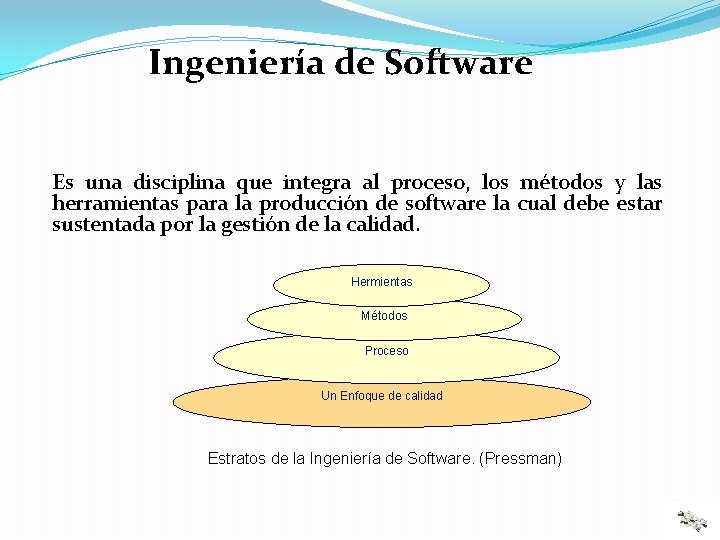 Ingeniería de Software Es una disciplina que integra al proceso, los métodos y las