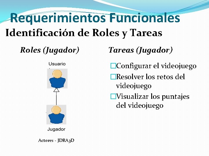 Requerimientos Funcionales Identificación de Roles y Tareas Roles (Jugador) Tareas (Jugador) �Configurar el videojuego