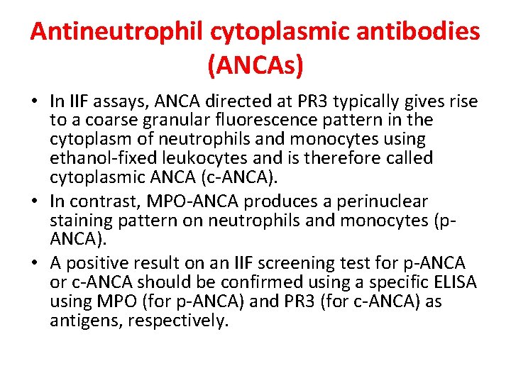 Antineutrophil cytoplasmic antibodies (ANCAs) • In IIF assays, ANCA directed at PR 3 typically Antineutrophil cytoplasmic antibodies (ANCAs) • In IIF assays, ANCA directed at PR 3 typically