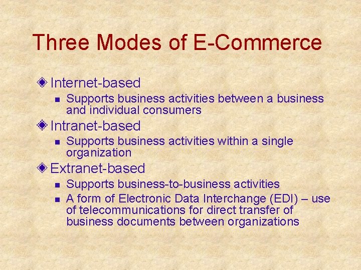Three Modes of E-Commerce Internet-based n Supports business activities between a business and individual Three Modes of E-Commerce Internet-based n Supports business activities between a business and individual