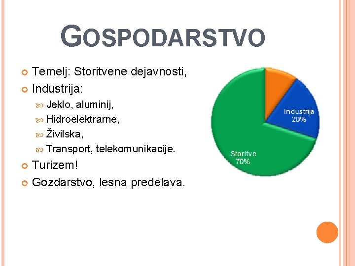 GOSPODARSTVO Temelj: Storitvene dejavnosti, Industrija: Jeklo, aluminij, Hidroelektrarne, Živilska, Transport, telekomunikacije. Turizem! Gozdarstvo, lesna