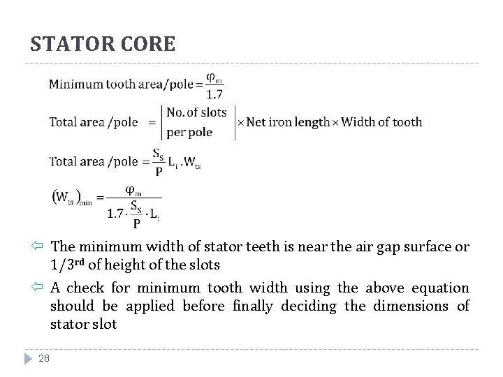 STATOR CORE The minimum width of stator teeth is near the air gap surface