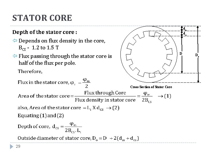 STATOR CORE dcs dss Depth of the stator core : Depends on flux density