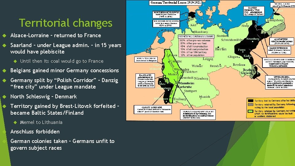 Territorial changes Alsace-Lorraine – returned to France Saarland – under League admin. – in