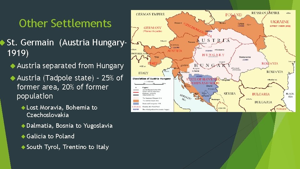 Other Settlements St. Germain (Austria Hungary 1919) Austria separated from Hungary Austria (Tadpole state)
