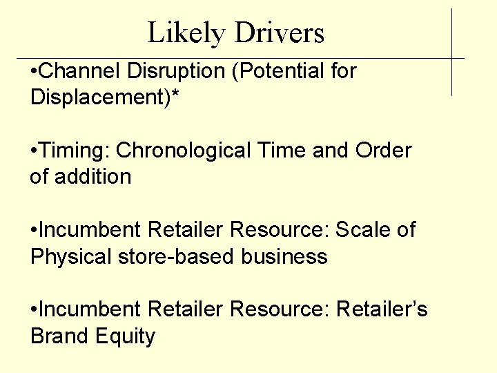 Likely Drivers • Channel Disruption (Potential for Displacement)* • Timing: Chronological Time and Order