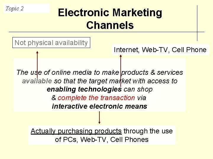 Topic 2 Electronic Marketing Channels Not physical availability Internet, Web-TV, Cell Phone The use
