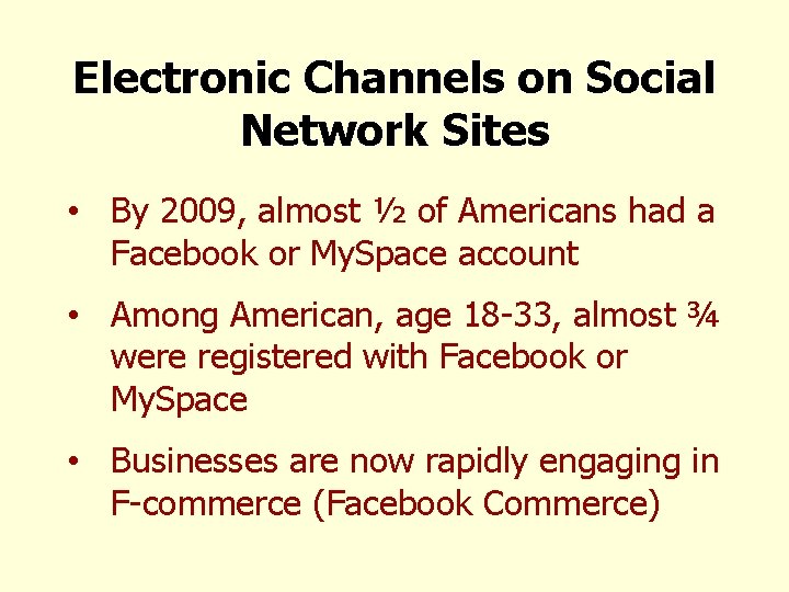 Electronic Channels on Social Network Sites • By 2009, almost ½ of Americans had