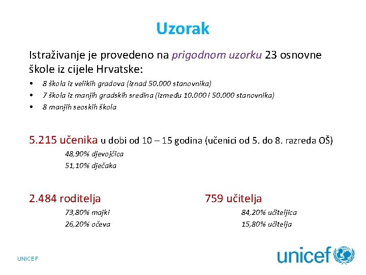 Uzorak Istraživanje je provedeno na prigodnom uzorku 23 osnovne škole iz cijele Hrvatske: •