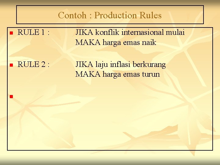 Contoh : Production Rules n RULE 1 : JIKA konflik internasional mulai MAKA harga