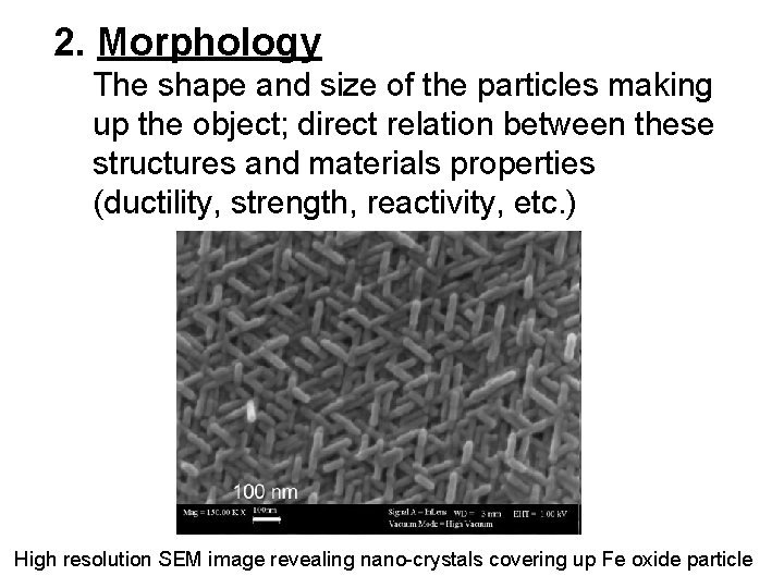 2. Morphology The shape and size of the particles making up the object; direct