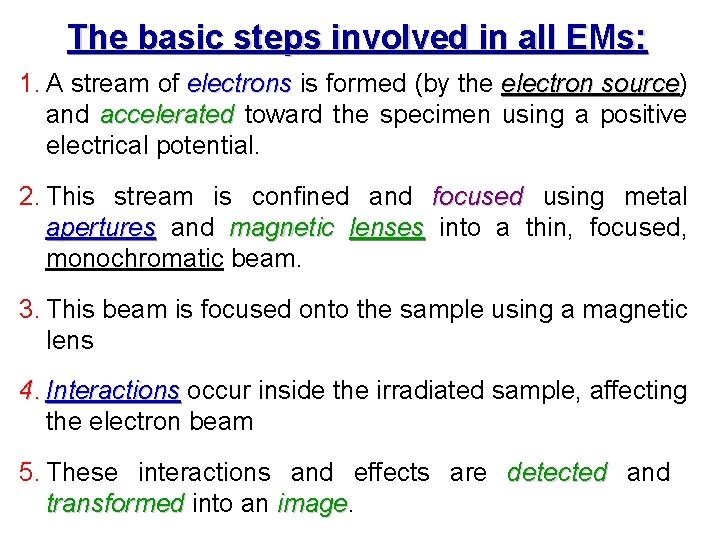 The basic steps involved in all EMs: 1. A stream of electrons is formed