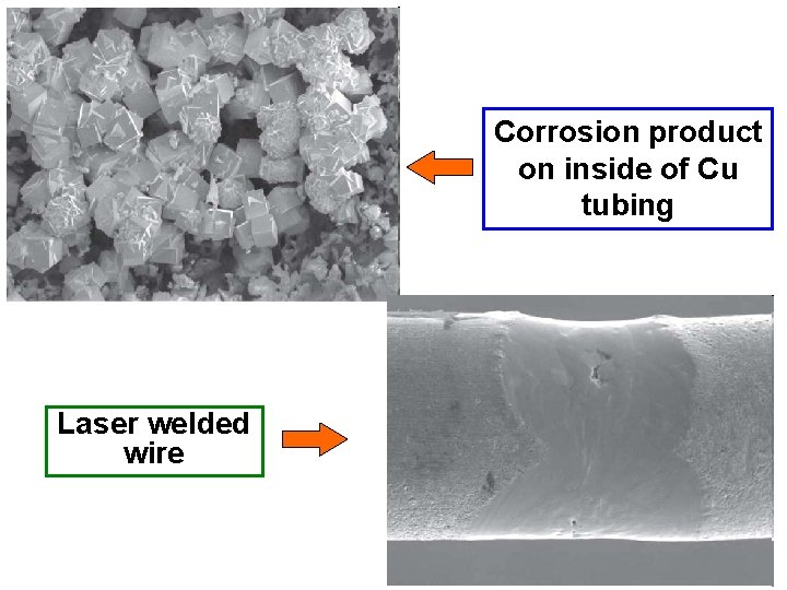 Corrosion product on inside of Cu tubing Laser welded wire 