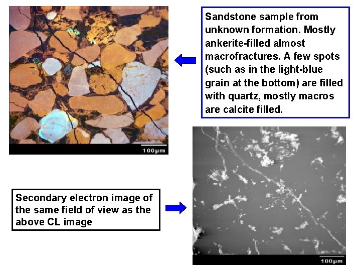 Sandstone sample from unknown formation. Mostly ankerite-filled almost macrofractures. A few spots (such as