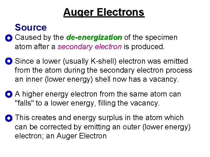 Auger Electrons Source Caused by the de-energization of the specimen de-energization atom after a