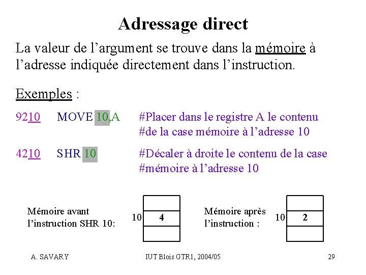 Adressage direct La valeur de l’argument se trouve dans la mémoire à l’adresse indiquée